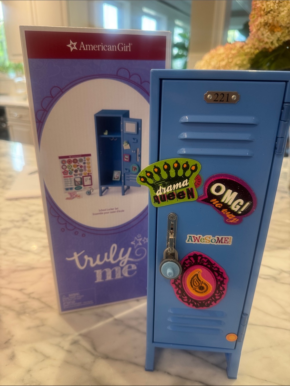 American Girl Light Blue Doll Locker with Colorful Sticker Accents